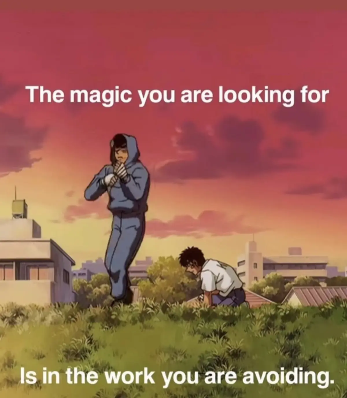 An anime scene shows a person in a blue hoodie standing with hands clasped, while another person in a white shirt kneels…