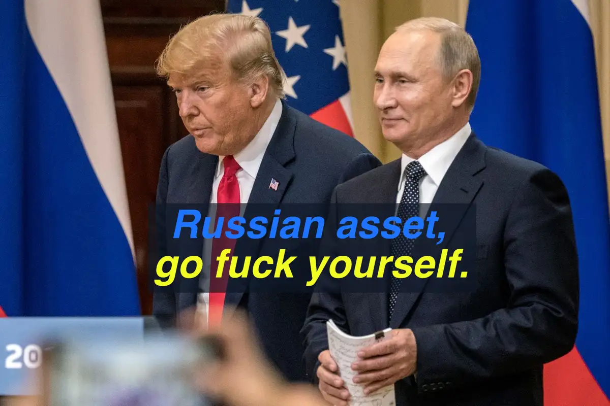 A photo shows Donald Trump and Vladimir Putin standing side by side in front of American and Russian flags. Overlaid text in…