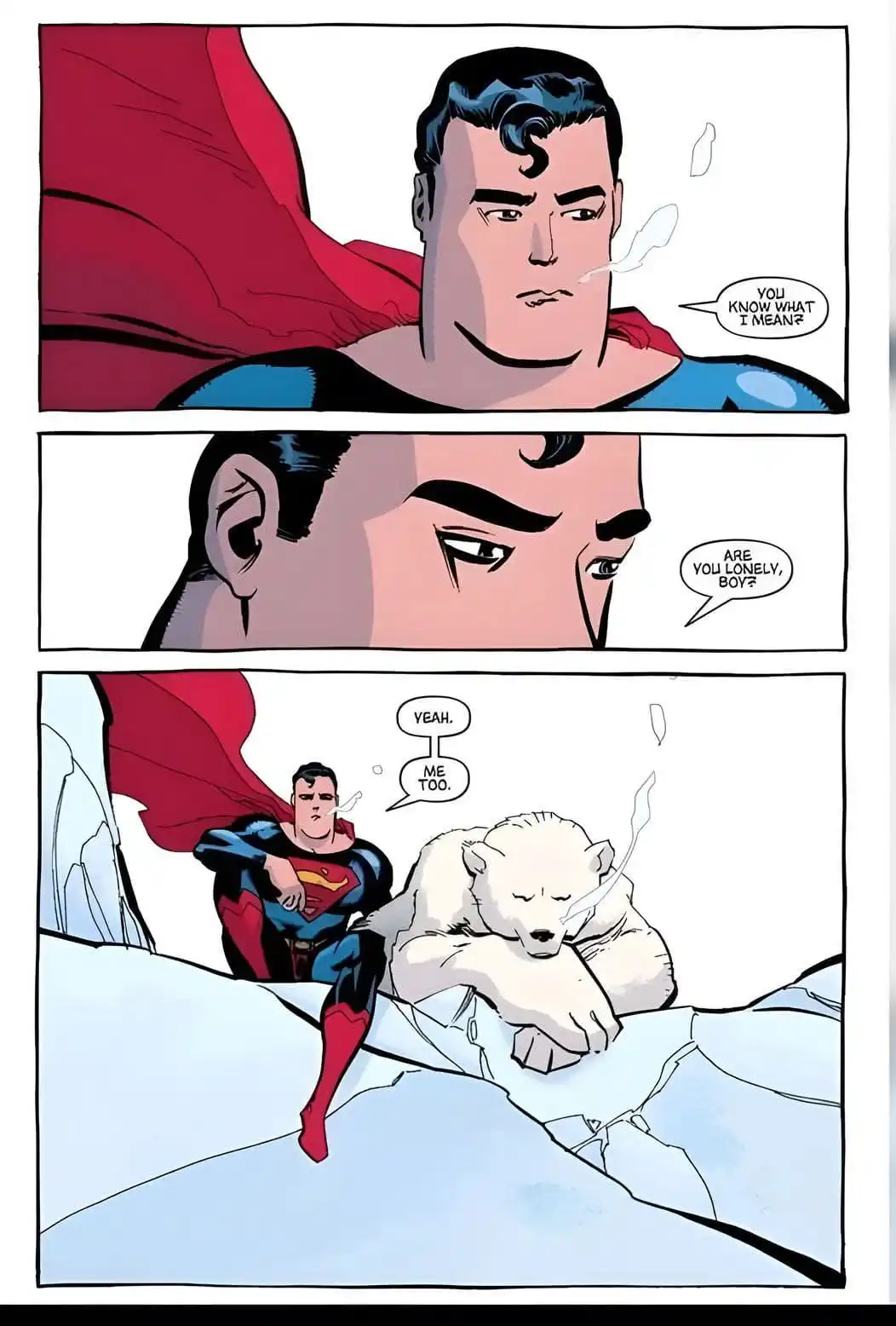 A three-panel comic strip shows Superman smoking a cigarette and asking a polar bear if it's lonely, to which the bear…