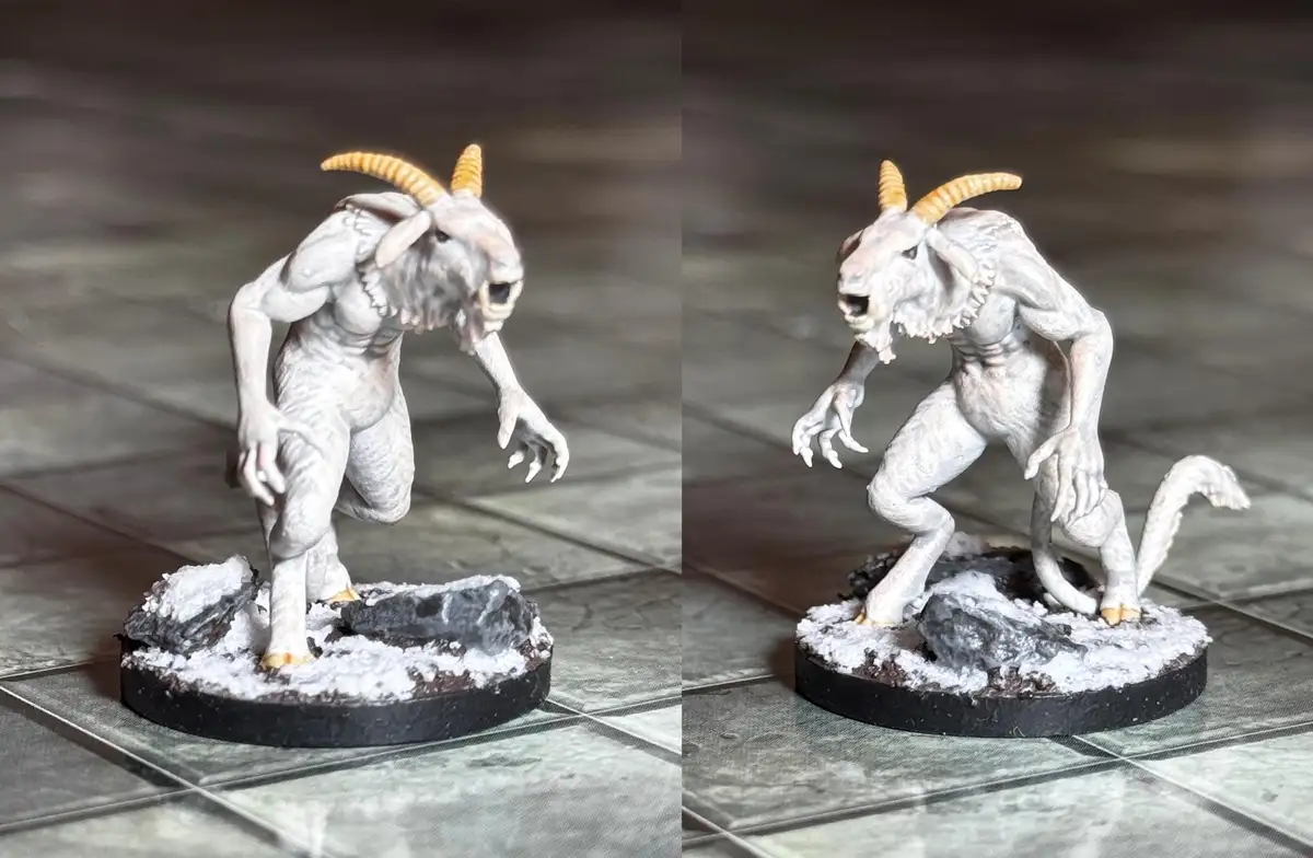 The image displays a side-by-side comparison of a painted miniature figurine of a humanoid goat-like creature with horns and…