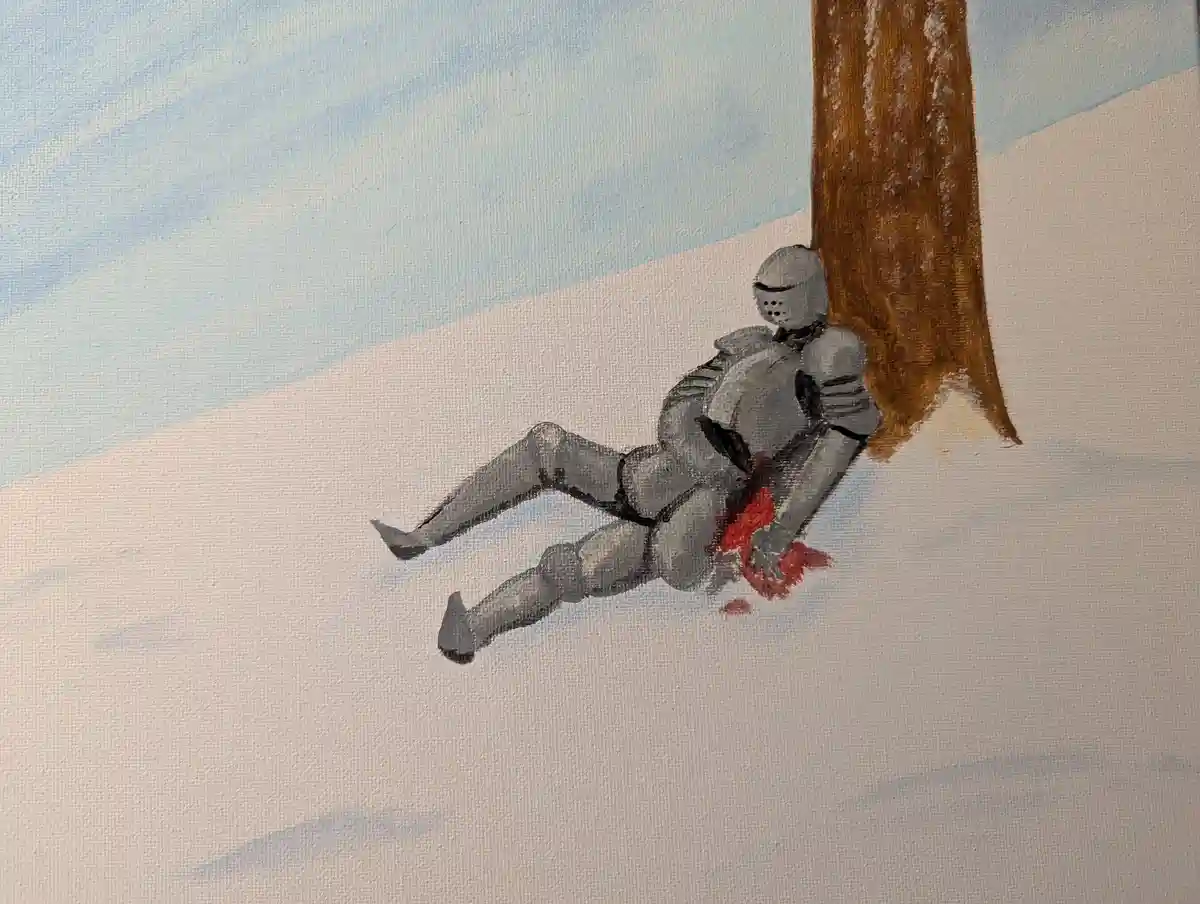 A hand-painted image shows a knight in full silver armor lying on snowy ground, leaning against a tree trunk, clutching a…