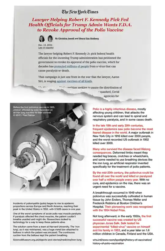 The image displays a fake New York Times article dated Dec. 13, 2024, with a headline claiming a lawyer is petitioning to…