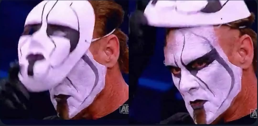 side-by-side images of a man with a white and black painted face and mask, first shown wearing the mask, then with it…