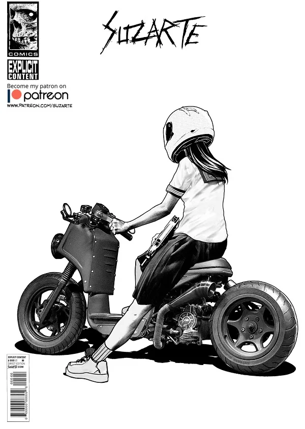 A black-and-white comic book cover by Suzarte featuring a young woman in a helmet and school uniform riding a custom…