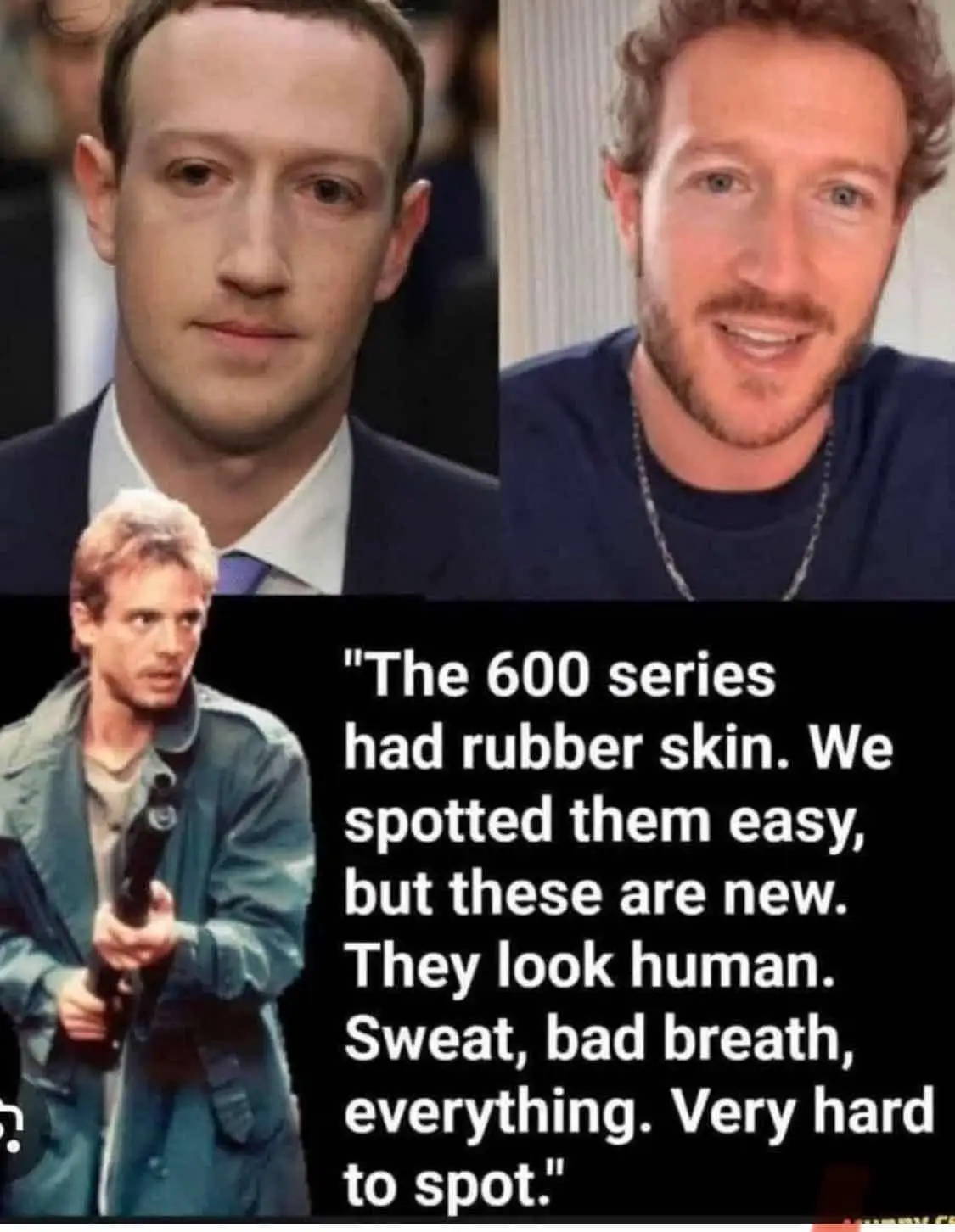 The image is a three-panel meme featuring Mark Zuckerberg in two different photos: one looking serious in a suit and another…