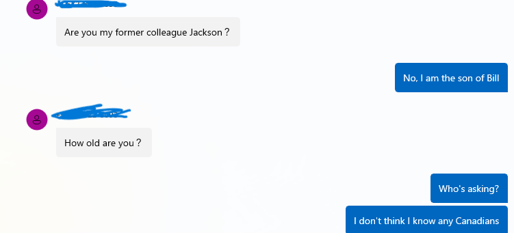 A screenshot of a text conversation where one person asks if the other is their former colleague Jackson, the other replies…