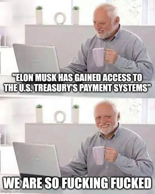 The image is a two-panel meme featuring a man with white hair and a beard, wearing a grey button-down shirt, sitting at a…
