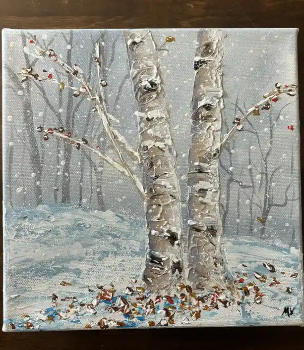 A textured winter painting depicts two prominent birch trees with white bark and black markings, standing in a snowy…