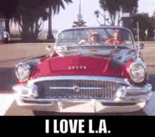 Six panels show different scenes: a red convertible driving through L.A., a group of elderly people posing, the same car in…