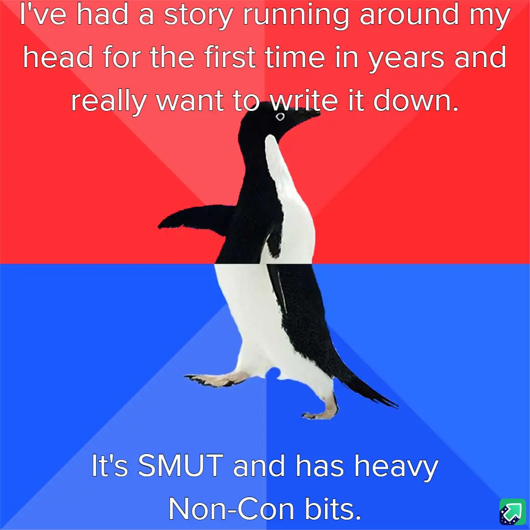 A penguin stands upright against a red and blue background, split horizontally. The top half has white text stating, 'I've…