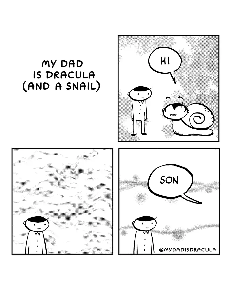 A four-panel comic strip shows a boy encountering a snail with fangs that says 'HI', then the boy is alone in a cloudy sky…