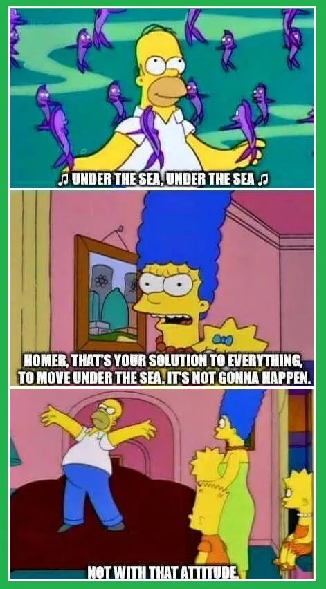 The meme features three panels from The Simpsons. The top panel shows Homer Simpson surrounded by purple fish, singing…