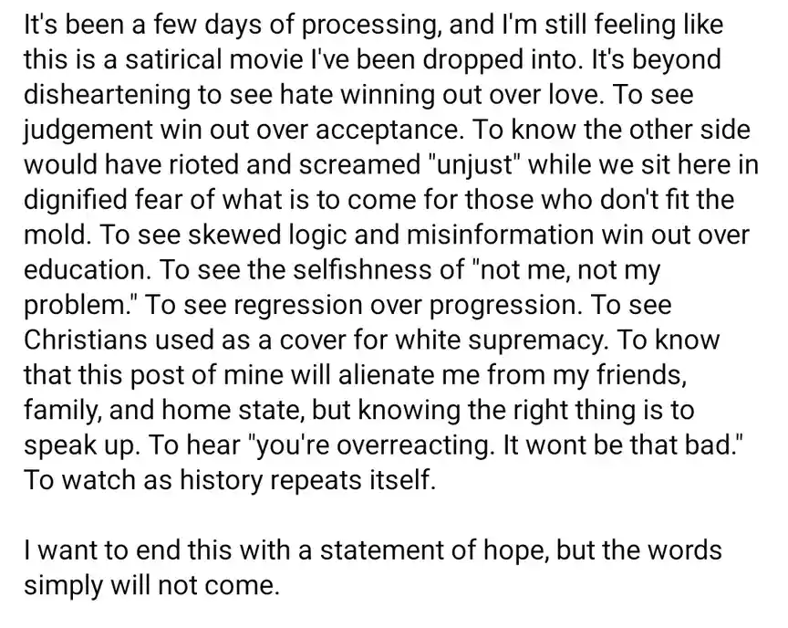The image is a plain white background with black text that reads a long, emotionally charged personal reflection about…