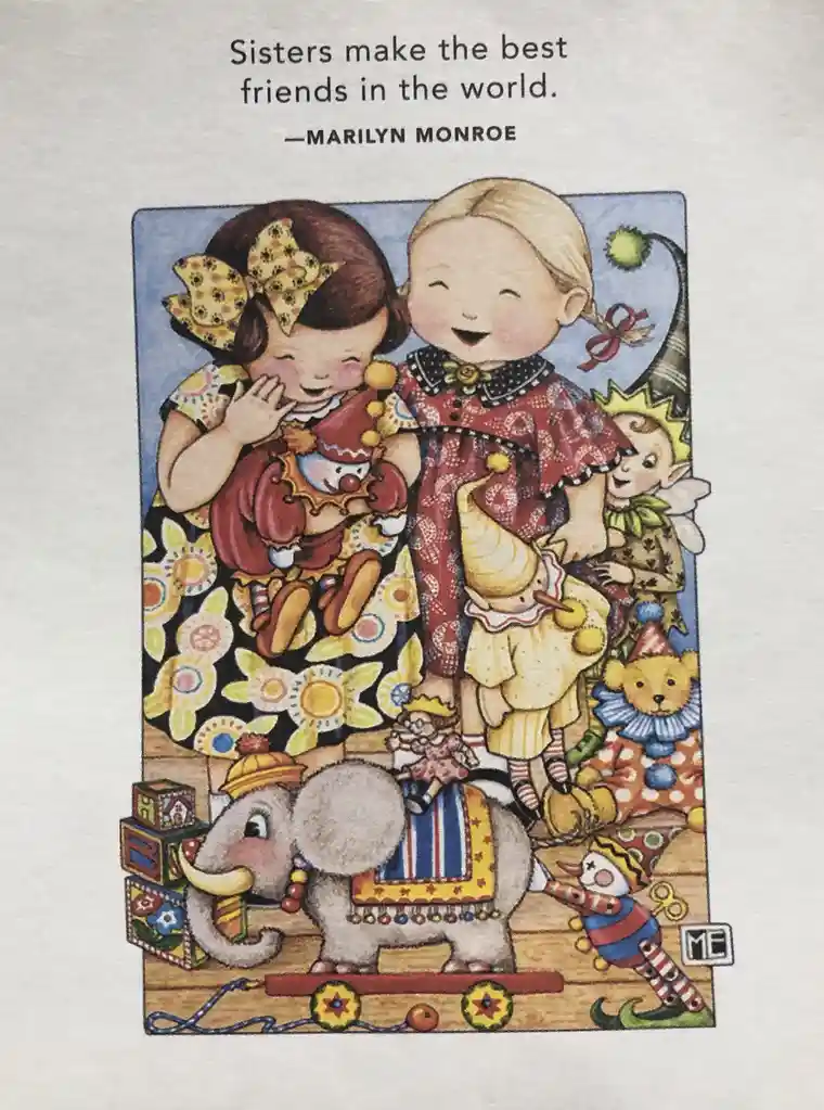 An illustration of two smiling young girls surrounded by vintage toys like an elephant, blocks, and dolls. The image is…