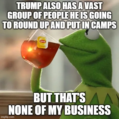 A green frog puppet, Kermit the Frog, is shown sipping tea from a clear glass cup with a Lipton tea bag tag visible. He has…