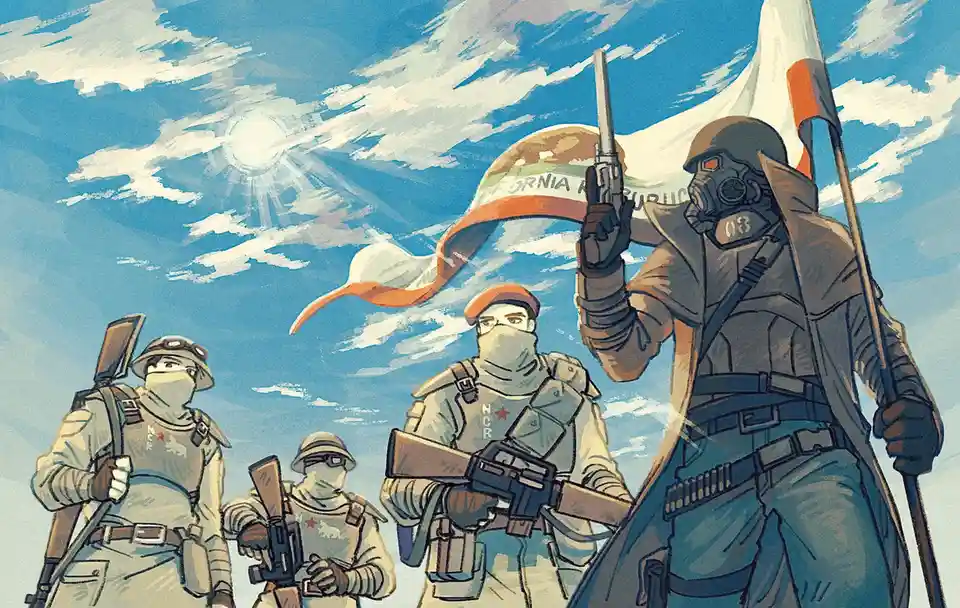 Four armed soldiers in post-apocalyptic gear stand under a bright sun with a flag that reads 'NEVADA REPUBLIC'. The soldier…