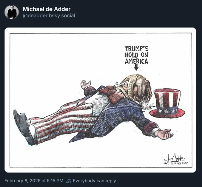 A political cartoon depicts a figure resembling Donald Trump, with a ram's head and wearing an American flag-patterned suit…