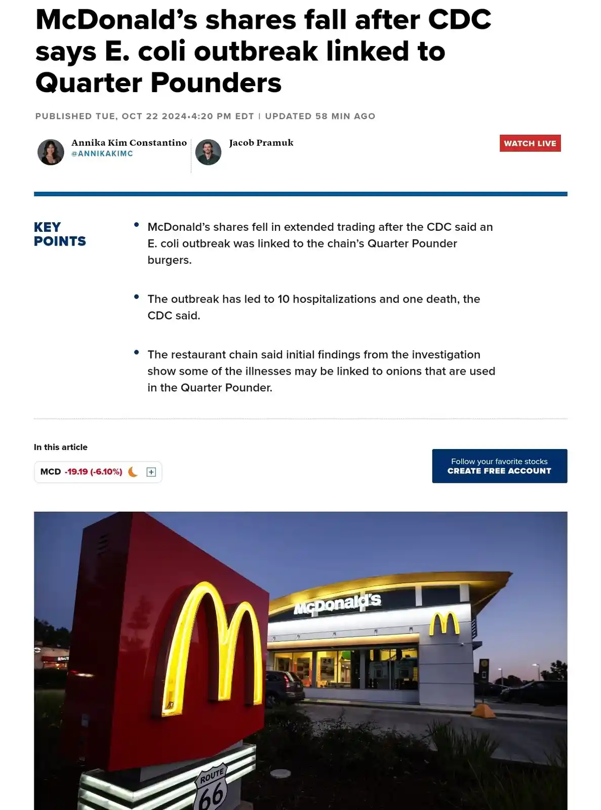 McDonald's stock takes a hit after CDC links E. coli outbreak to Quarter Pounders