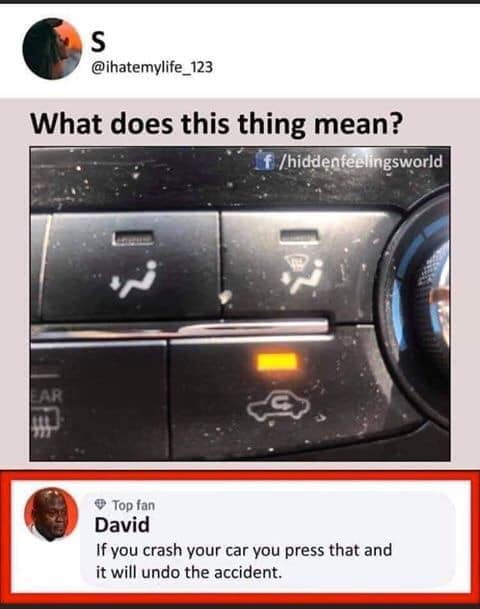 A close-up photo of a car's dashboard control panel showing four buttons with icons: a person falling, a person with a…