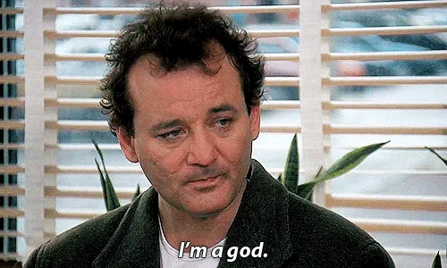 The image shows actor Bill Murray in six sequential frames from the movie 'Ghostbusters,' each depicting him with a…