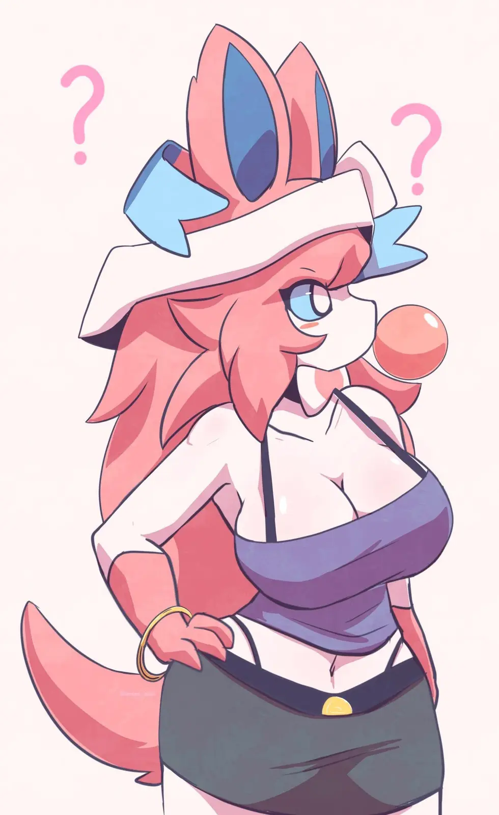 An anime-style illustration of a pink-furred female character with blue eyes, wearing a white hat with blue ribbons and a…