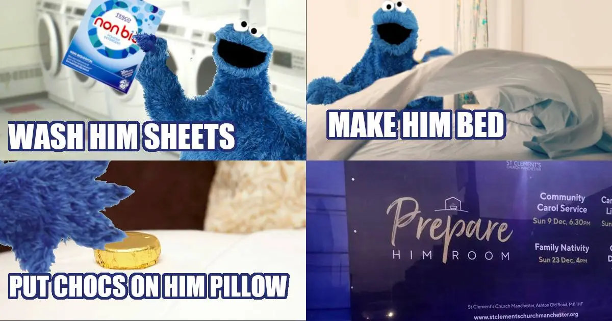 A four-panel meme featuring Cookie Monster in different scenarios: holding laundry detergent with text 'WASH HIM SHEETS'…