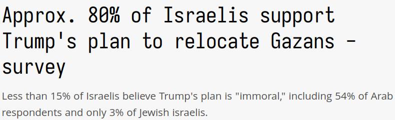 A text-based image displays survey results claiming 80% of Israelis support Trump's plan to relocate Gazans, and less than…
