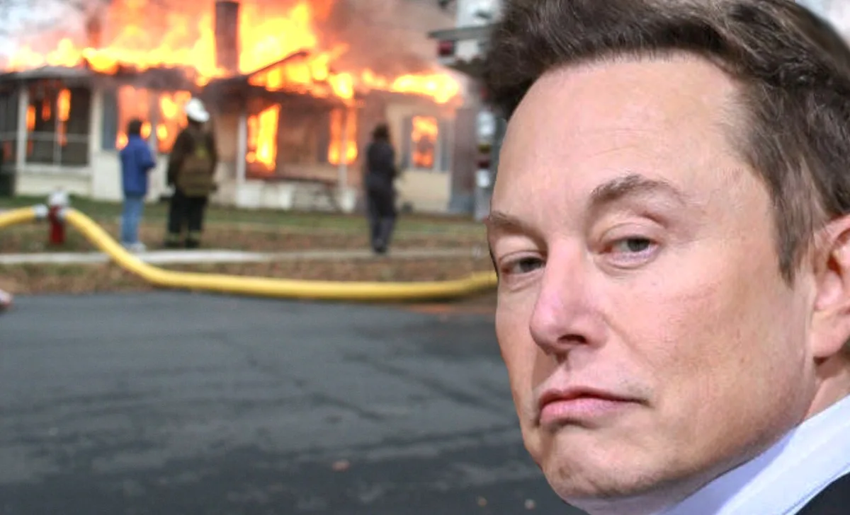A close-up of Elon Musk's face is superimposed over a background image of a house engulfed in flames with firefighters and a…