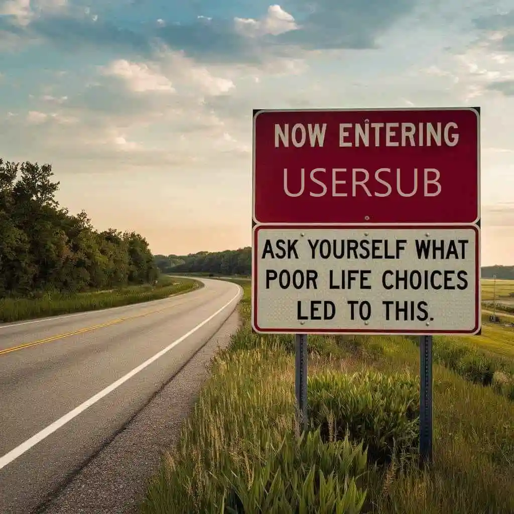 A roadside sign with a red top panel reading 'NOW ENTERING USERSUB' and a white bottom panel reading 'ASK YOURSELF WHAT POOR…