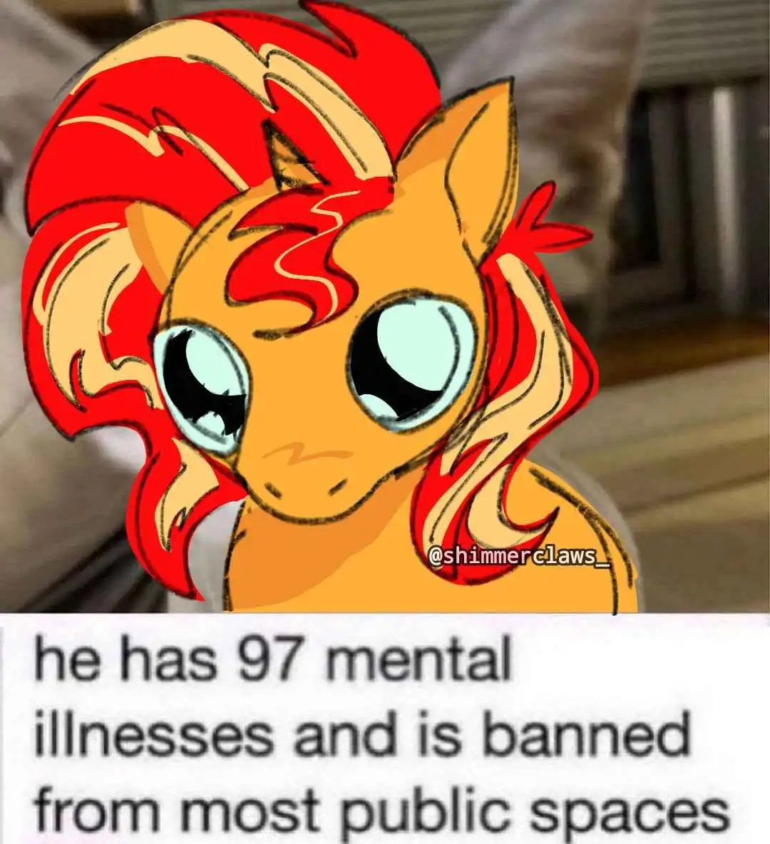 A cartoon pony with orange fur and red-and-yellow hair, drawn in a simple, expressive style, is superimposed over a blurry…