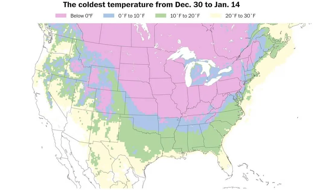 A color-coded map of the United States showing the coldest temperatures recorded between December 30 and January 14, with a…