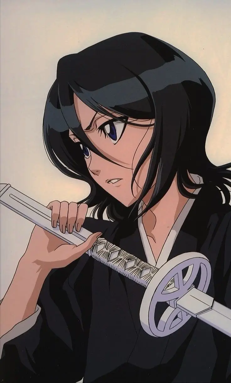 An anime character with long black hair and blue eyes, wearing a dark uniform and holding a sword, looks intensely at the…