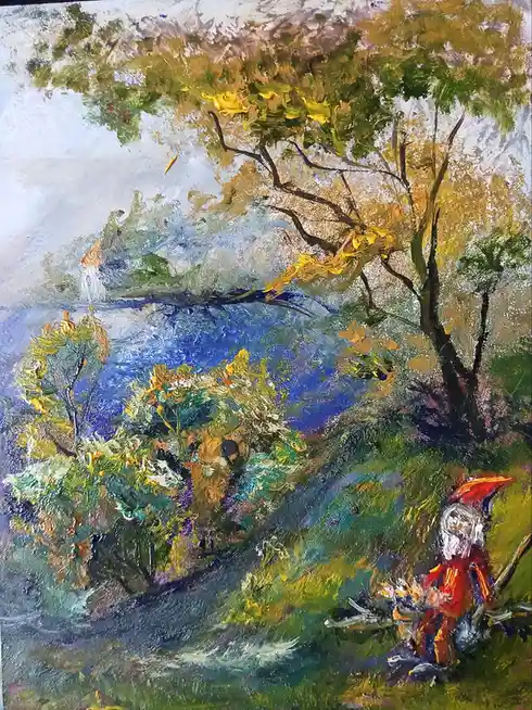 A colorful, impressionistic painting depicts a small, elderly figure with a white beard and red hat sitting on a grassy…