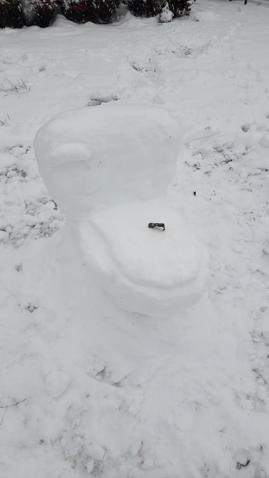 A snow sculpture shaped like a toilet sits in a snowy yard, with a small, dark, curved object resembling a piece of poop…