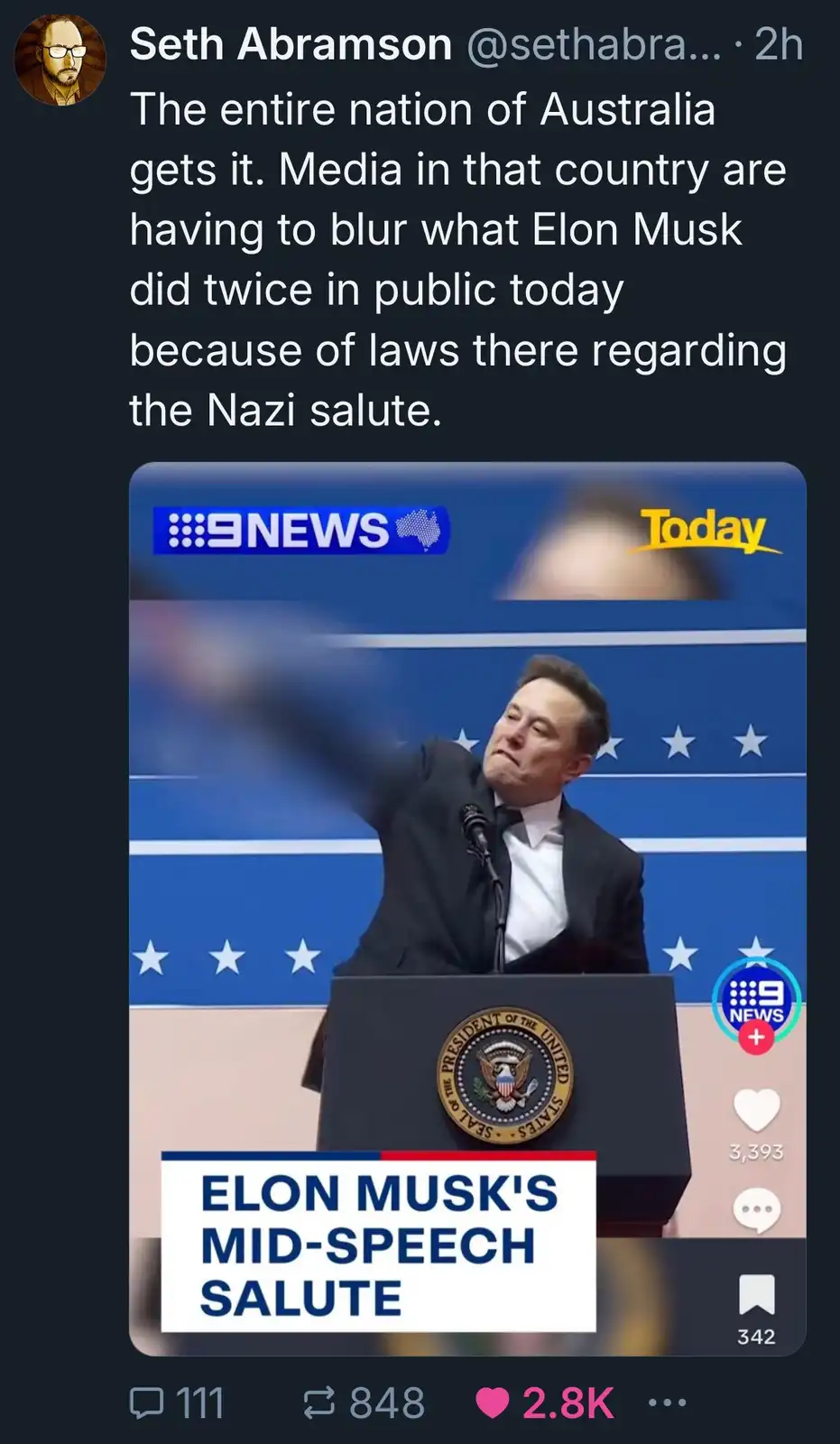 A screenshot of a 9NEWS Today broadcast shows Elon Musk at a podium with the Seal of the President of the United States…