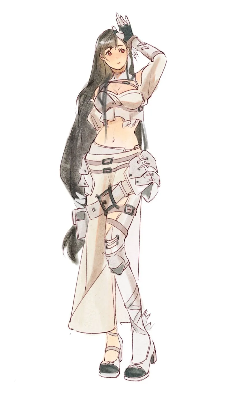 An anime-style illustration of a female character with long dark hair, wearing a revealing beige outfit with armor-like…