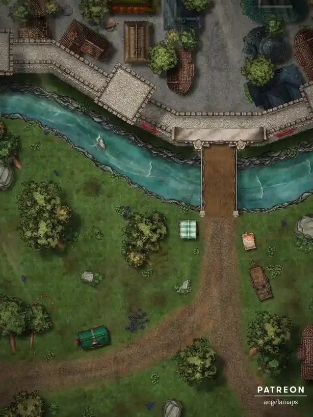 An overhead fantasy map shows a stone-walled town with a wooden bridge crossing a river. Below the bridge, on the grassy…