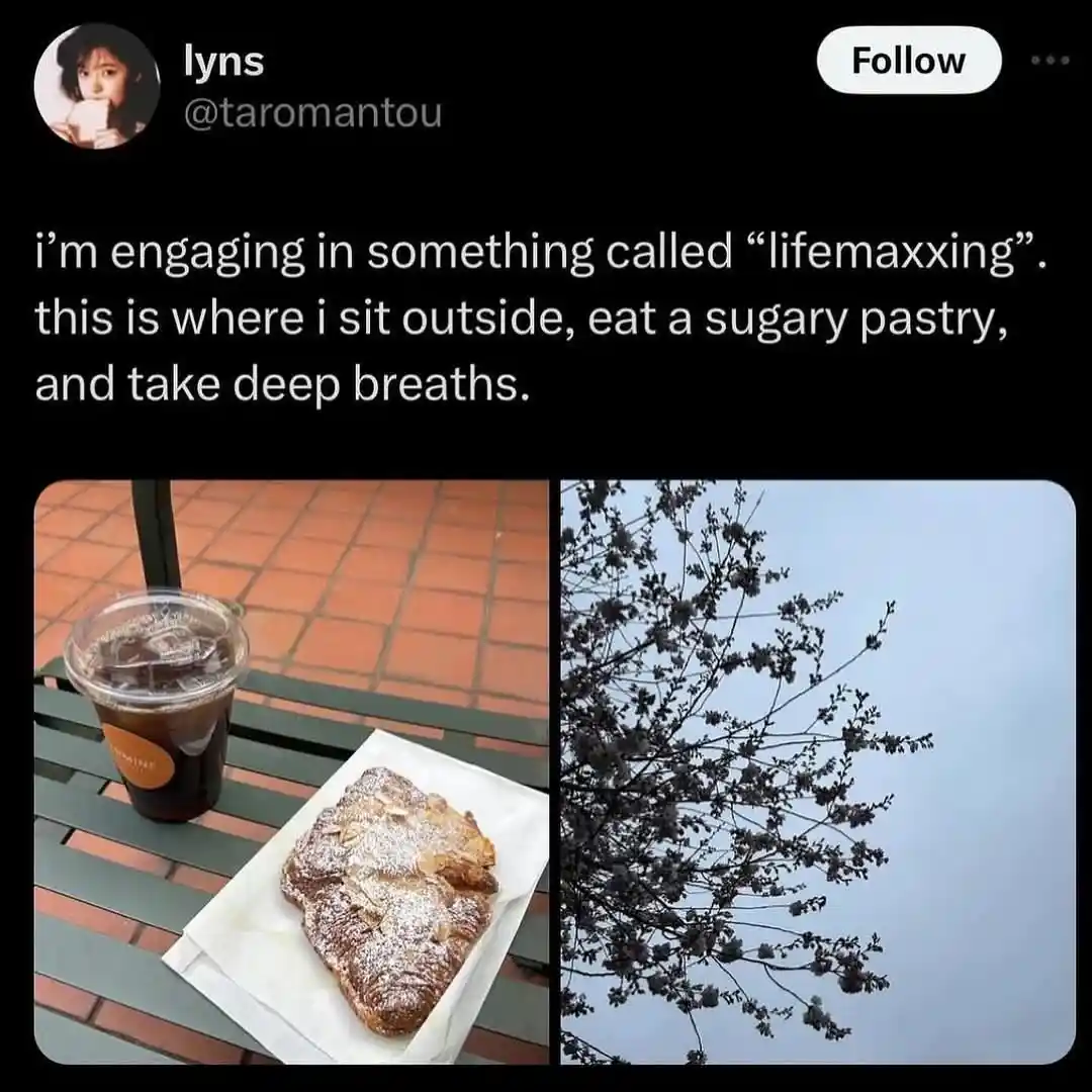 A social media post by user 'lyns' shows two photos: one of a sugary pastry and iced coffee on an outdoor table, and another…