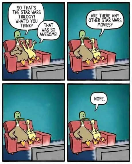 A four-panel comic strip shows two cartoon ducks on a red couch. In the first panel, one duck excitedly asks the other about…