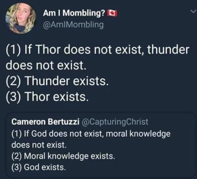 A screenshot of two Twitter posts side-by-side, each presenting a logical argument using modus tollens. The top post by…