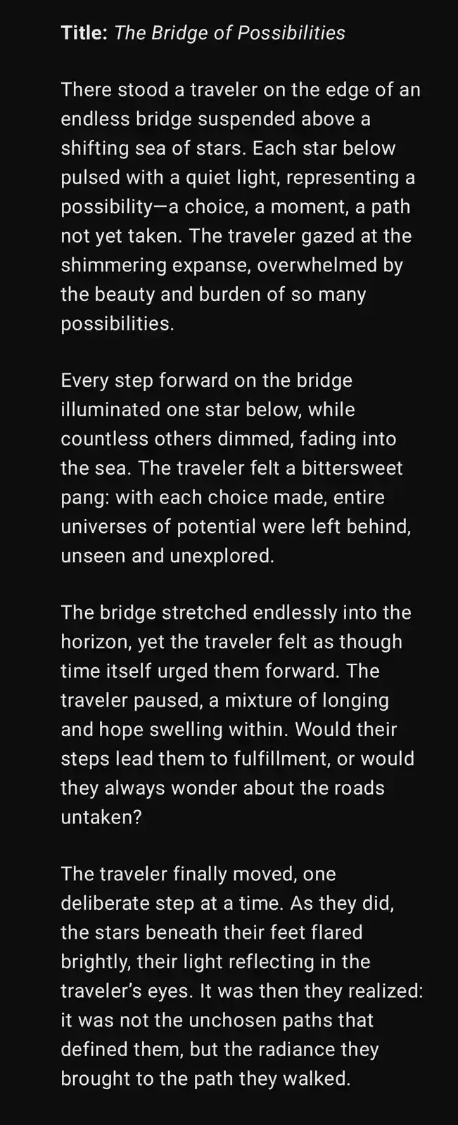 The image displays a black background with white text telling a poetic story about a traveler on an endless bridge above a…