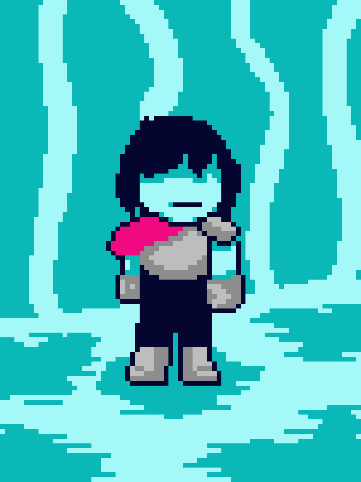 A pixel art image shows a character with dark hair and a pink top standing in a teal-colored environment with vertical light…