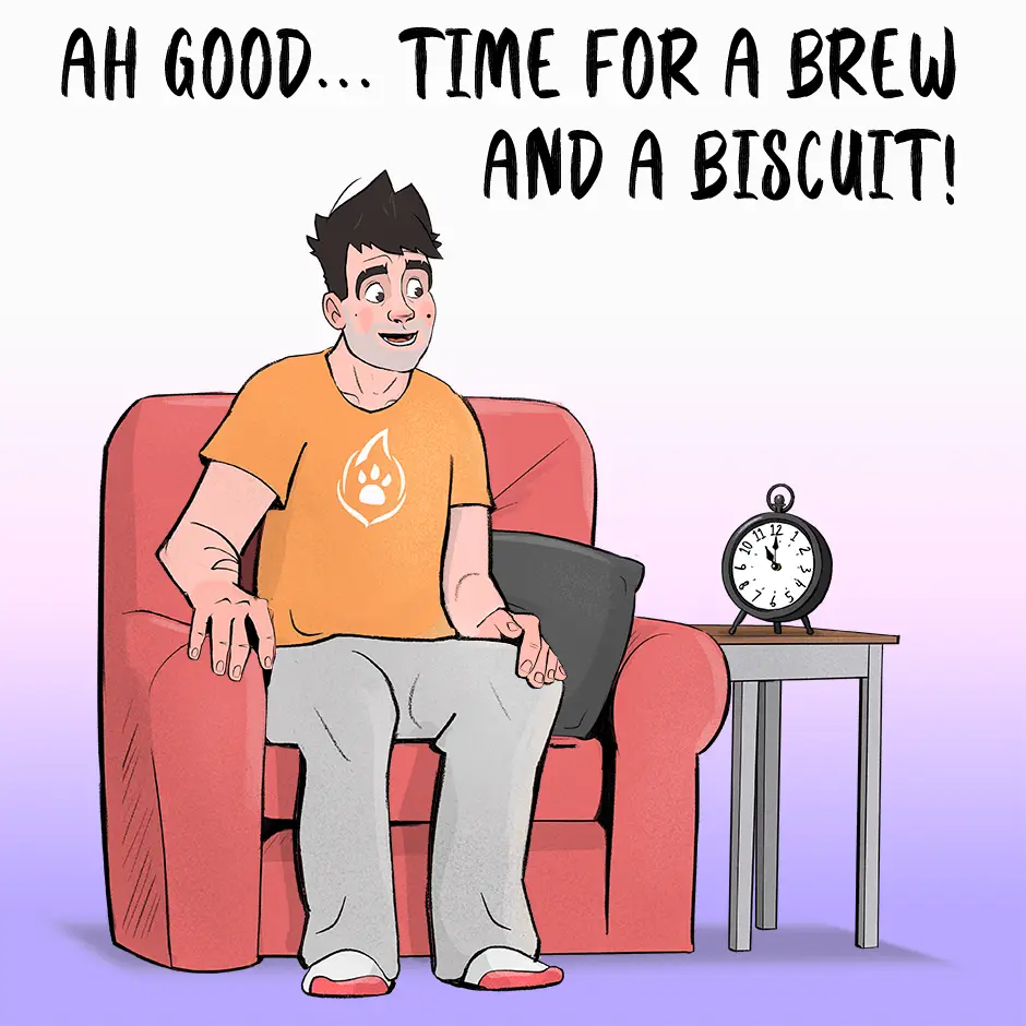 A cartoon man with spiky hair sits happily in a red armchair, wearing an orange t-shirt with a white paw print logo and grey…