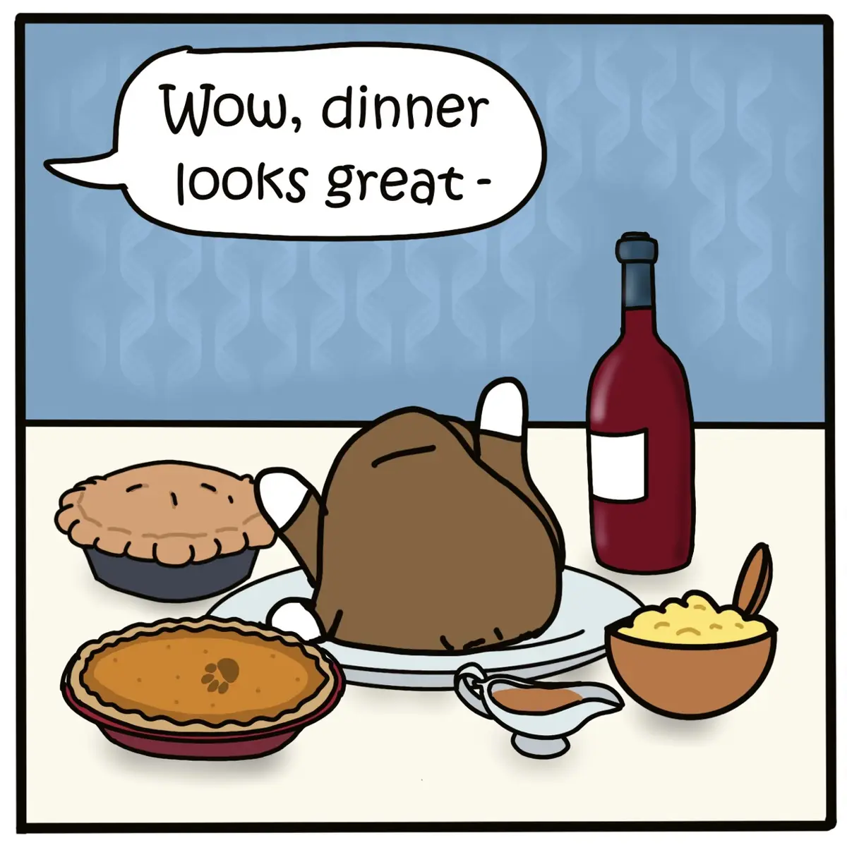 A cartoon illustration shows a dining table set with a roasted turkey, two pies, a bowl of mashed potatoes, a gravy boat…
