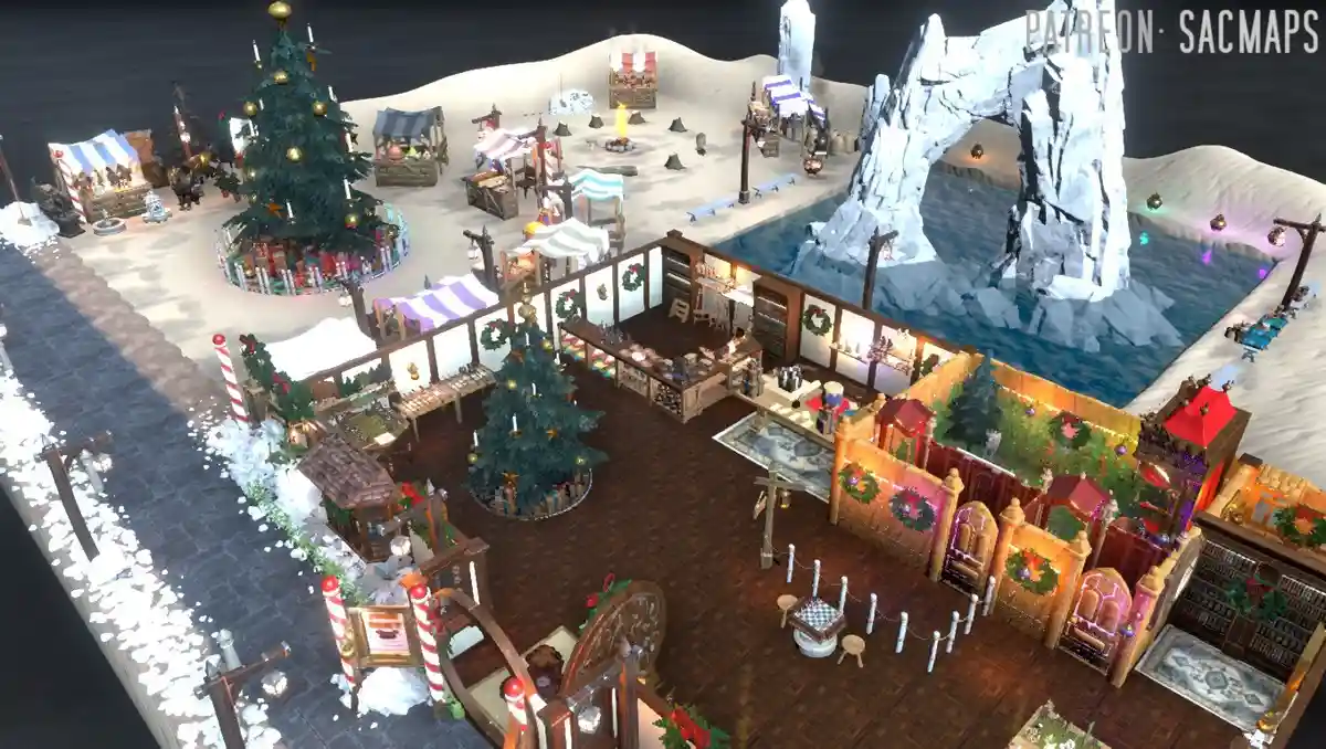 An overhead view of a festive, snow-covered virtual town square decorated with Christmas trees, wreaths, and market stalls…