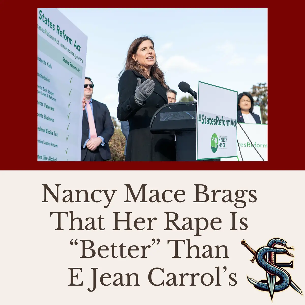 A photo of Nancy Mace speaking at a podium with signs for the 'States Reform Act' behind her. A man in a suit holds a large…