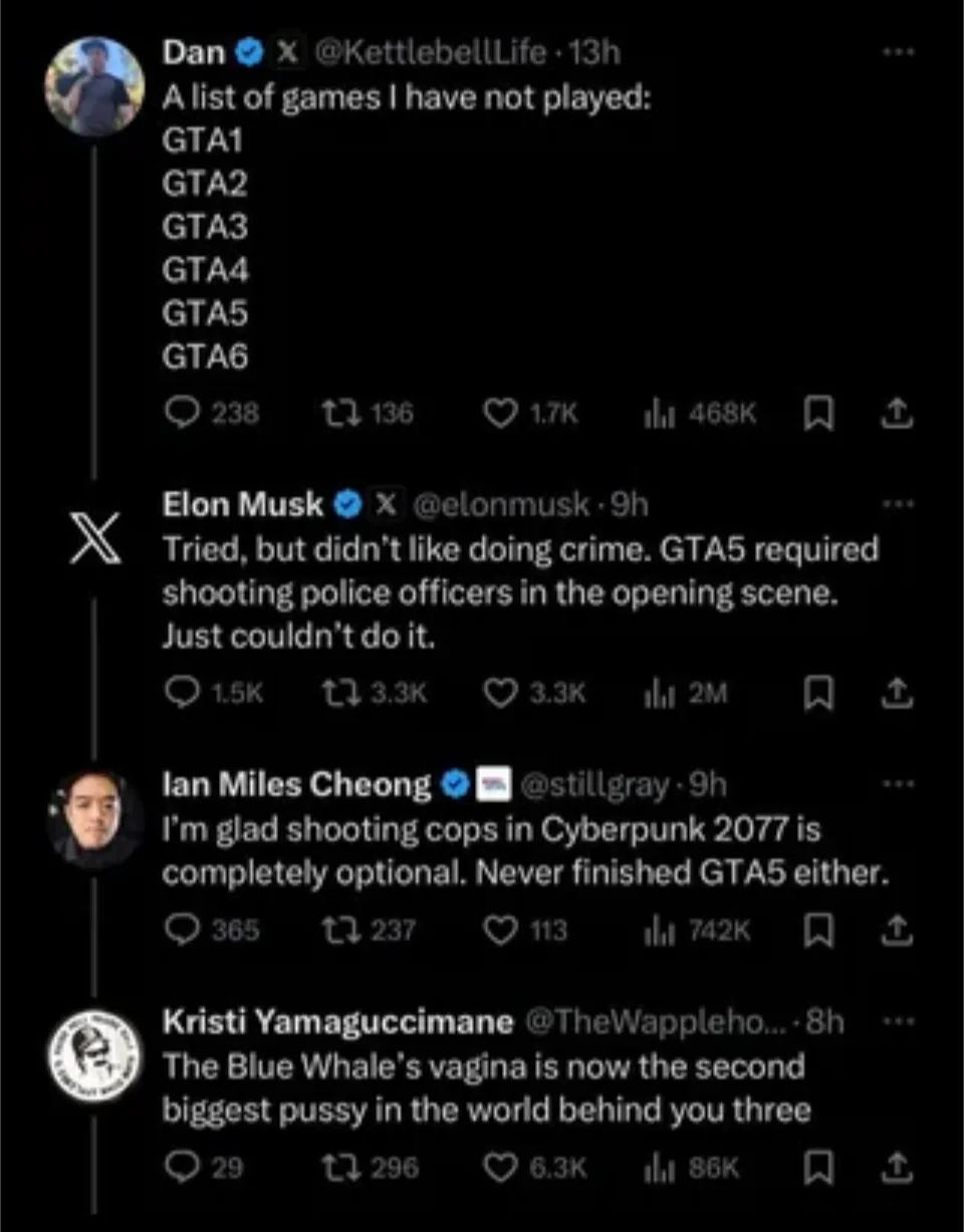 A screenshot of four Twitter/X posts in a thread. The first post by Dan lists all six Grand Theft Auto games as games he has…