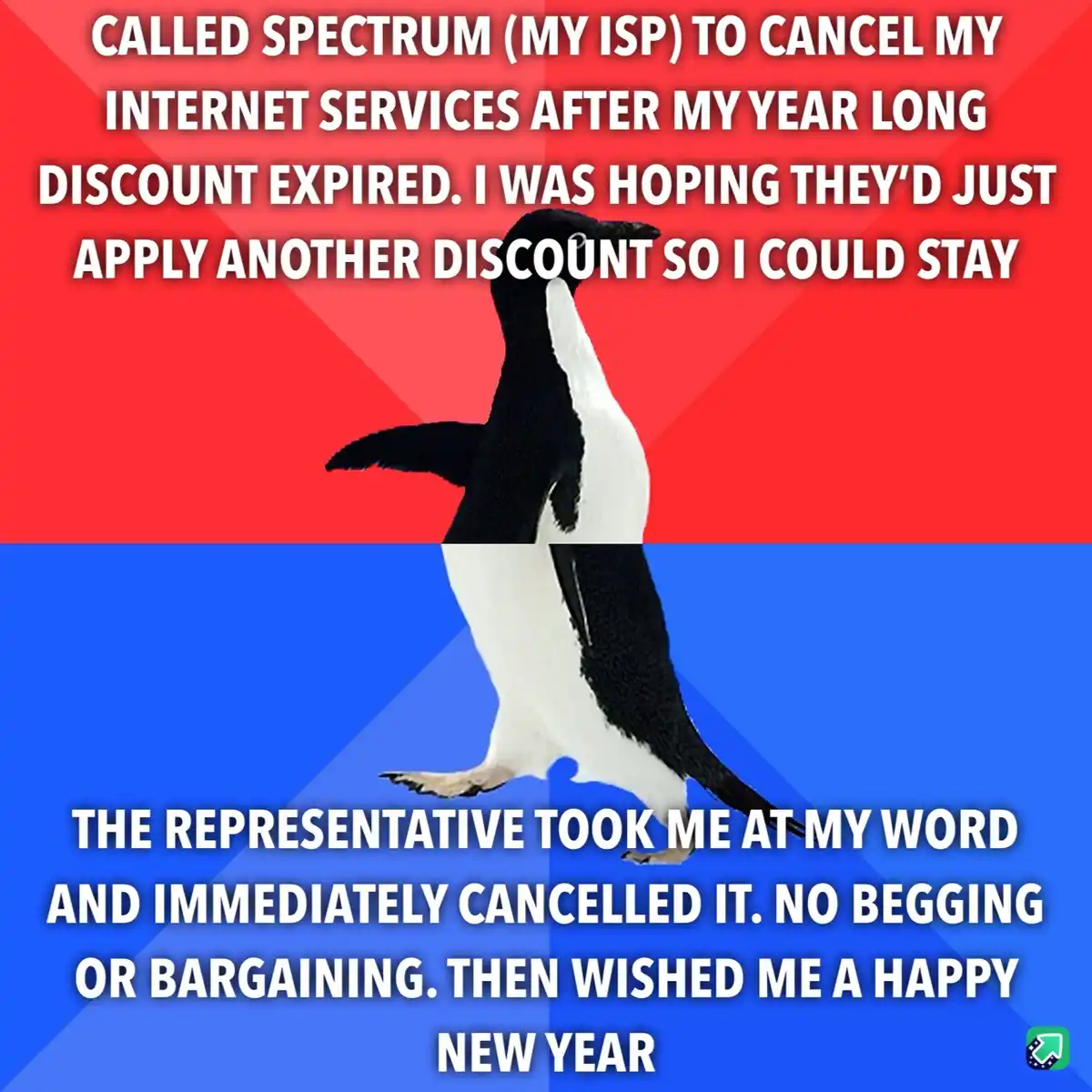A penguin stands centered against a red and blue background, with white text overlaid in two sections. The top text reads…