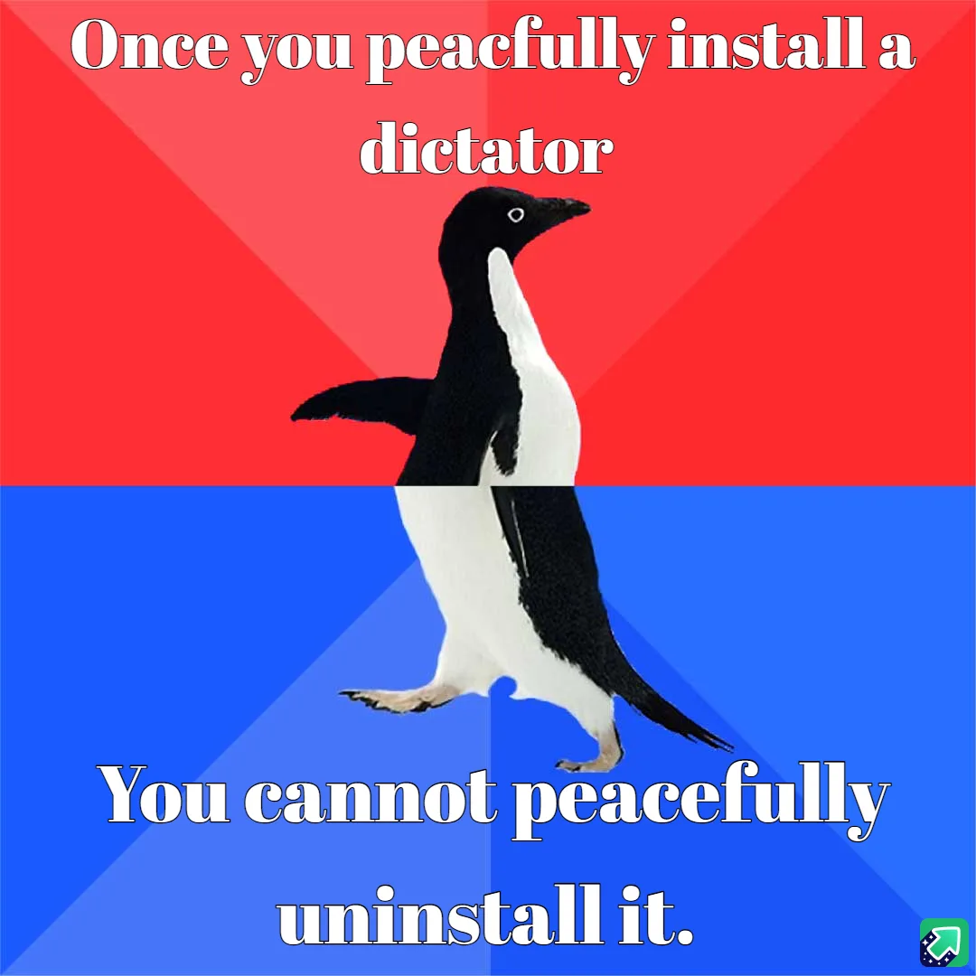 A penguin stands centered against a red and blue background, with white text overlaid. The top text reads 'Once you…