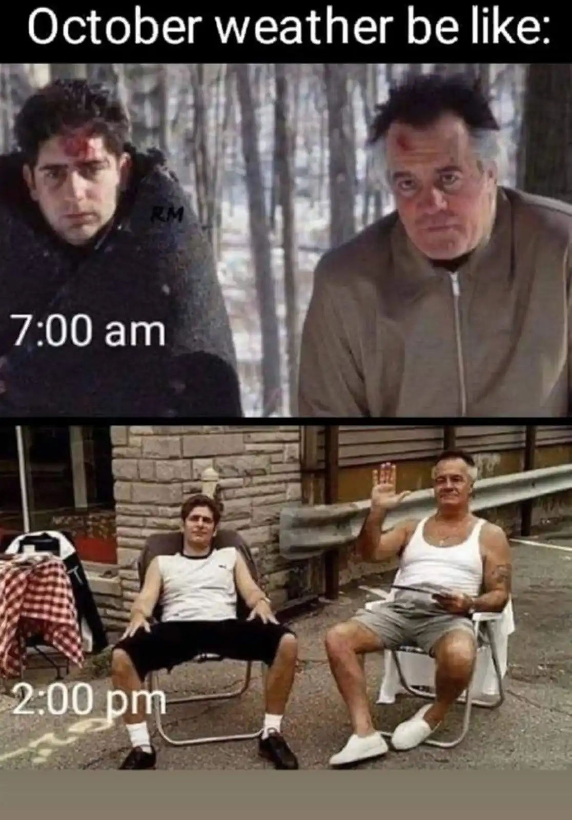 The image is a two-panel meme featuring actors from 'The Sopranos'. In the top panel, at 7:00 am, they look cold and bundled…